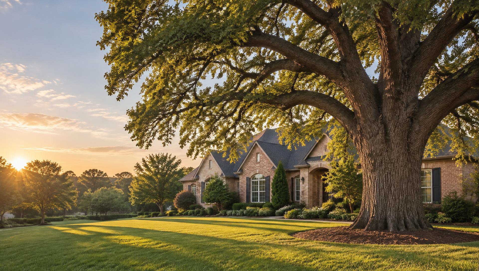 A mature oak tree in the front yard of a suburban home at sunset